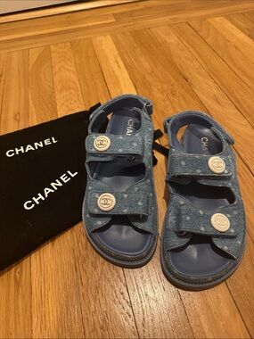 CHANEL Denim Blue Logo Button Gladiator Sandals